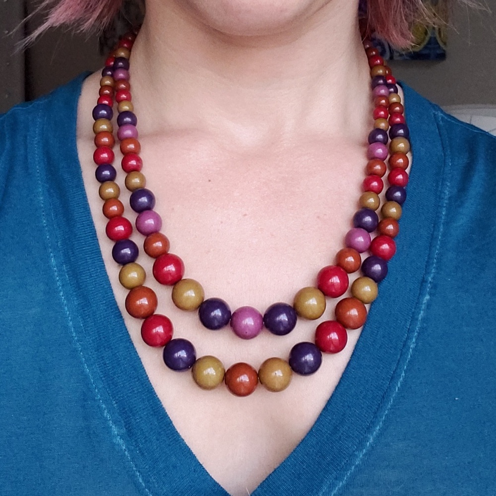 Two-strand multicolor wooden bead necklace